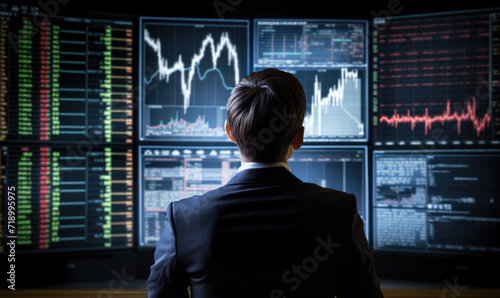 Successful stock trader businessman looking at graphs of stock market on screens. Analyzing investment sttrategy and financial risks.