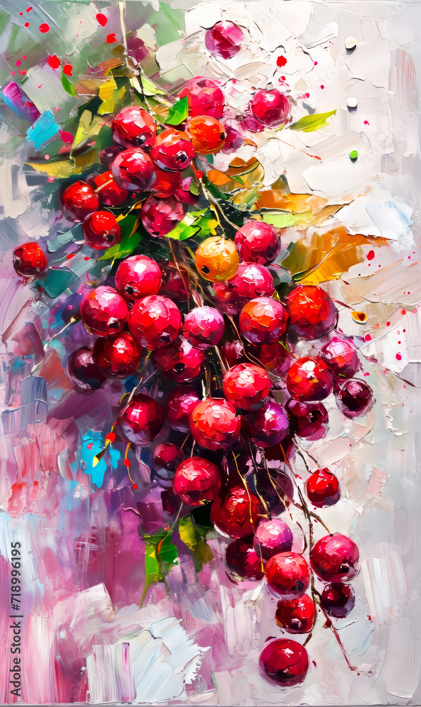 Artistic still life with red berries on the background of color paints.