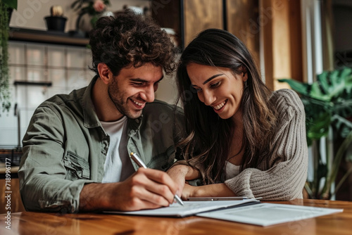 Happy young man and woman completing documents, reading and reviewing contract at table, paying bills, modern office, freelancers, selective focus