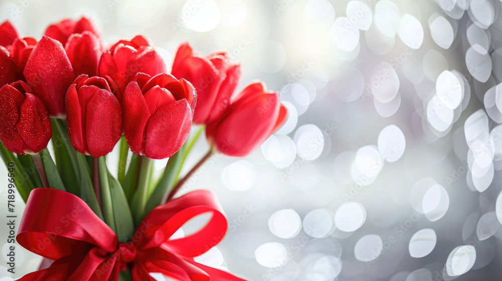 Beautiful bouquet of red tulips on bokeh background. Ai generation. Beautiful bouquet of red tulips on bokeh background. Ai generation.
