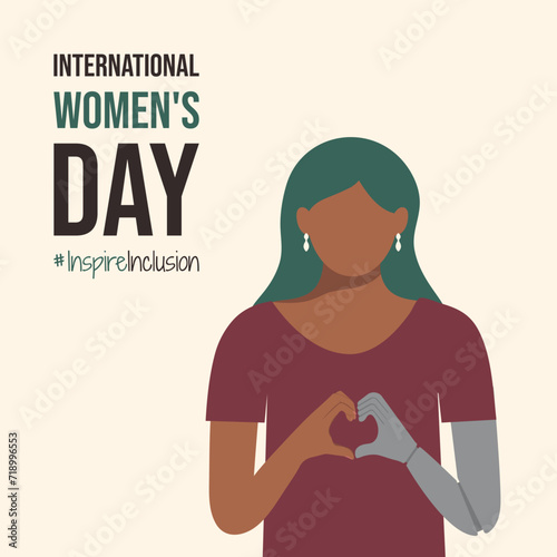 Girl with prosthesis or disability on InspireInclusion International Women's Day poster. Woman fold her bionic mechanism hands as heart IWD 2024. Minimalist postcard with Inspire Inclusion slogan