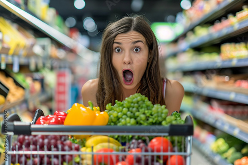 Portrait of an enthusiastic woman in a supermarket with a cart, shopping, selective focus