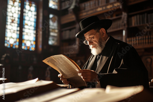 Jewish man sitting in synagogue or library and reading, selective focus photo