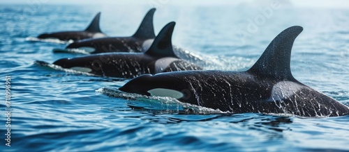 A family of killer whales (Orcinus orca), gracefully glides through the crystal-clear waters just off the coast. photo