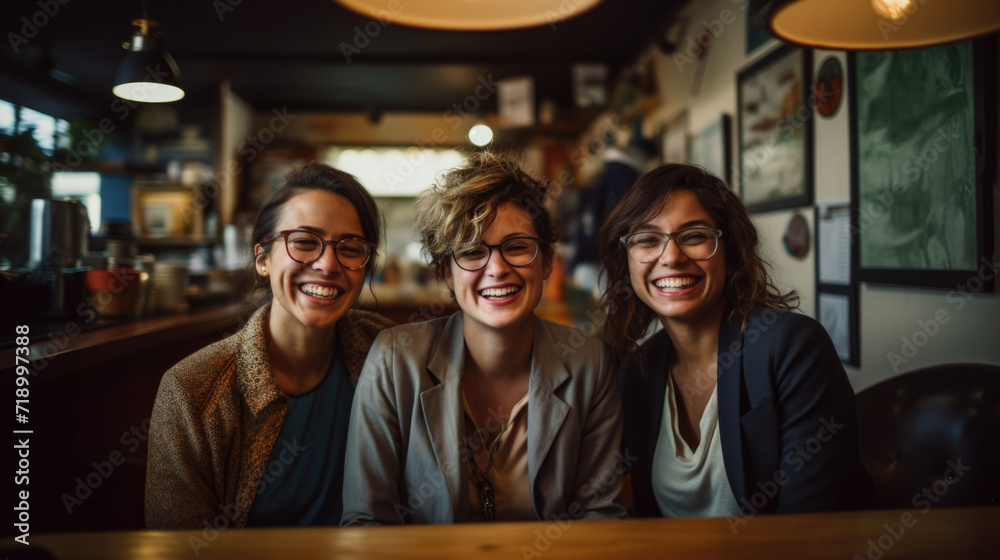 Group of three smiling female friends at cafe having breakfast . Three senior women laugh together Group of three smiling female friends at cafe having breakfast . Three senior women laugh together