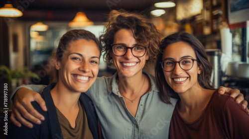 Group of three smiling female friends at cafe having breakfast . Three senior women laugh together