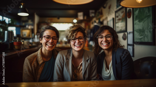 Group of three smiling female friends at cafe having breakfast . Three senior women laugh together photo
