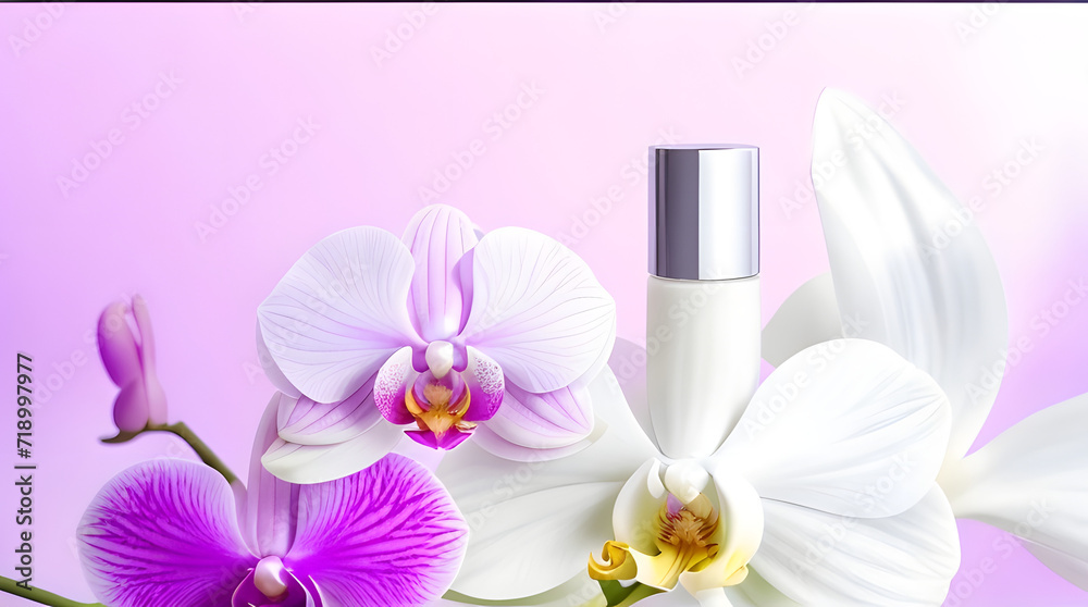 Cosmetic cream and white orchid flowers on a light background. Cosmetic cream and white orchid flowers on a light background.