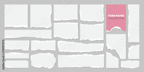 Set of realistic vector torn or ripped notebook paper with white edges. Torn grunge paper or label for social media background. Office scrap note or clip art. Tear page for business ornament design. 