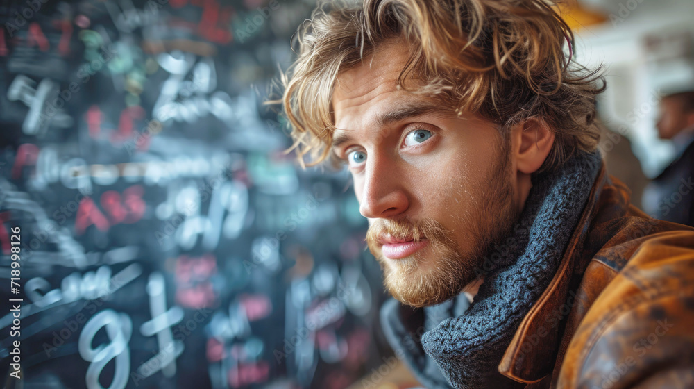 Fototapeta premium Sad student against the background of a blackboard with a complex mathematical equation. Difficult study, exams, session concept.
