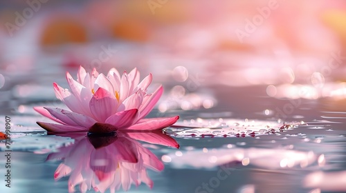 Pink water surface with a spectacular pink lotus with leaves that has been praised, space, Generative AI.
