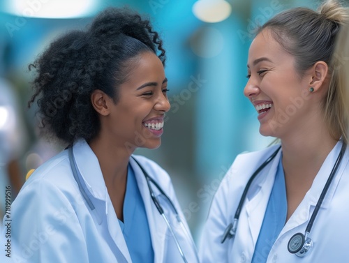 Happy multiracial female physicians looking at each other in hospital 