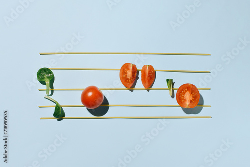 Sheet music of ingredients for a traditional Italian dish, spaghetti and tomato sauce.