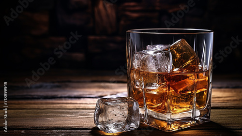 glass of whiskey on ice with a wooden background