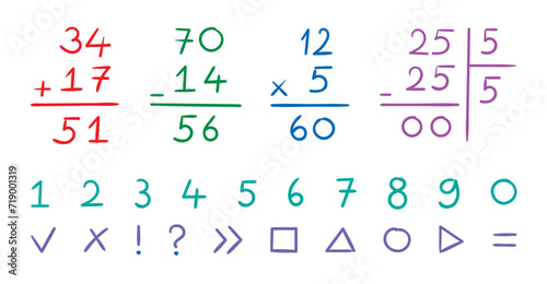 examples of addition, subtraction, multiplication, division. math numbers and symbols