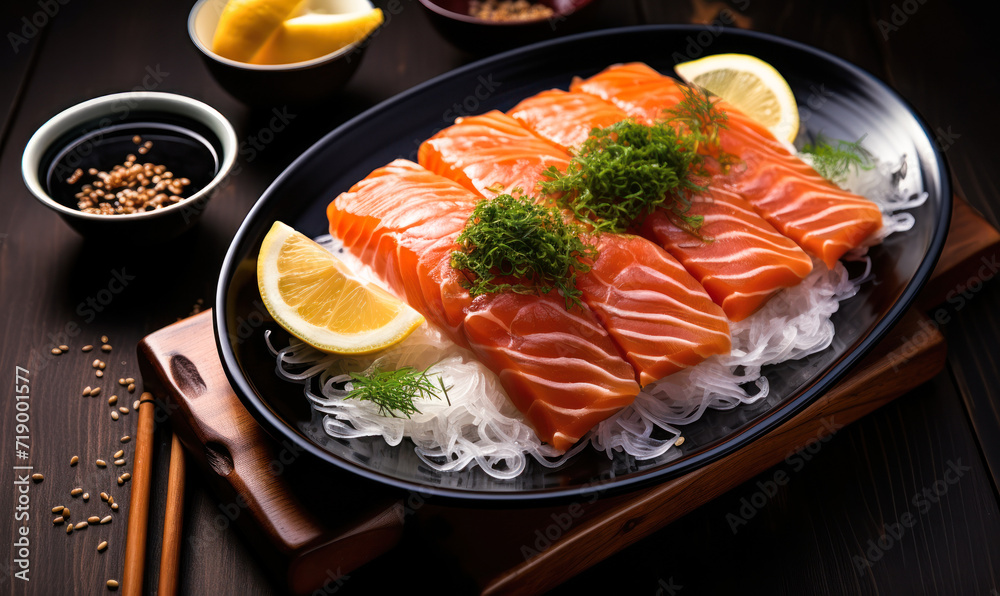 Delicious sashimi slices on a black plate with shredded daikon, lemon wedges, green seaweed, and soy sauce, a traditional Japanese delicacy Delicious sashimi slices on a black plate with shredded daikon, lemon wedges, green seaweed, and soy sauce, a traditional Japanese delicacy