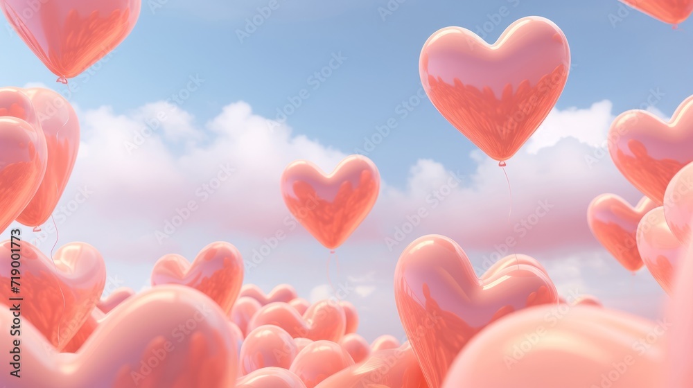 Fototapeta premium Beautiful heart shaped balloons in the peach fuzz color sky as a background. Romantic atmosphere.