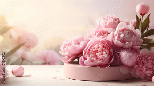 Bouquet of pink peonies with a product podium for product presentation.