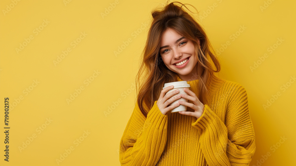 happy woman in stylish sweater with coffee, isolated on yellow background happy woman in stylish sweater with coffee, isolated on yellow background