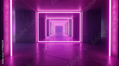 3D rendering, ultraviolet neon square portal, glowing lines, tunnel, walkway, purple, arch, laser show, night light.