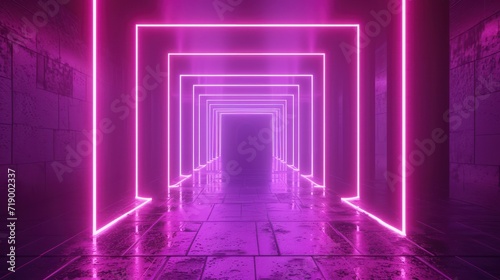 3D rendering, ultraviolet neon square portal, glowing lines, tunnel, walkway, purple, arch, laser show, night light.
