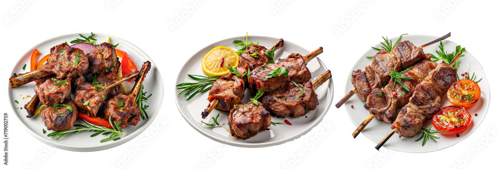 Lamb tikkas on a plate Isolated on white Lamb tikkas on a plate Isolated on white