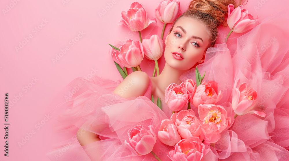 a splash of pink: woman with tulips on vibrant background