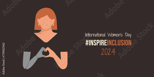 Girl with prosthesis or disability on InspireInclusion International Women's Day banner. Minimalist illustration with Inspire Inclusion slogan. Woman fold her bionic mechanism hands as heart IWD 2024