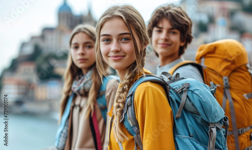 Young Students with Backpacks Gazing at World Landmarks, Symbolizing Study Abroad and International Education Programs for Cultural Exchange © Bartek