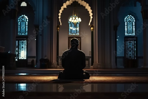 Unrecognizeable Muslims man pray in Mosque at night