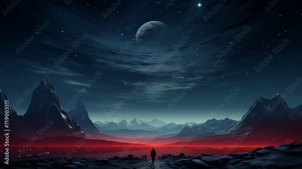 Otherworldly night space sky over a majestic red mountain landscape and a silhouette of a man.