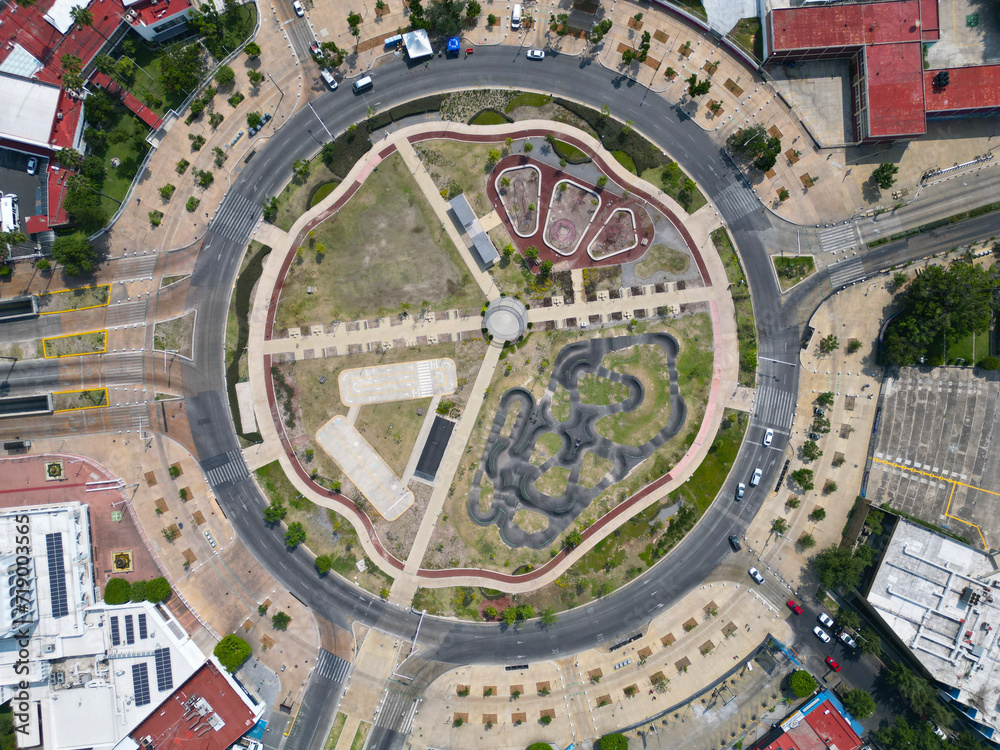 Cenital Drone View of La Normal Roundabout in Downtown Guadalajara Mexico