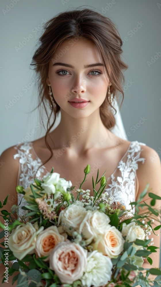 Naklejka premium bride with bouquet of flowers in hands