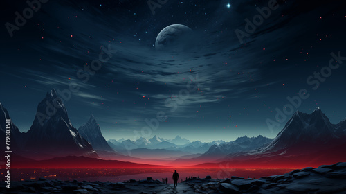 Otherworldly night space sky over a majestic red mountain landscape and a silhouette of a man.
