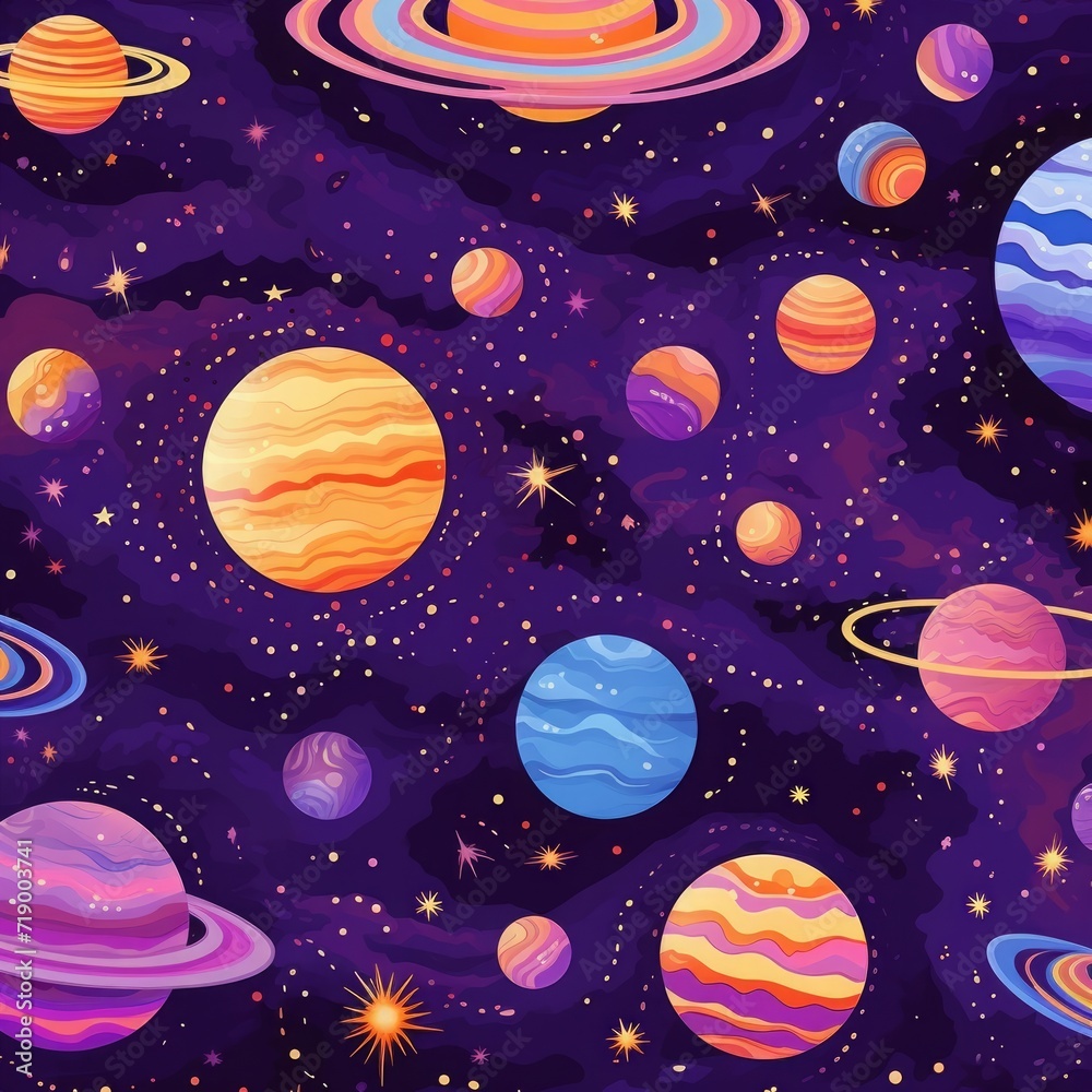 planets and sun on a purple background. the solar system and moon are in the pattern. hand drawn celestial pattern design.