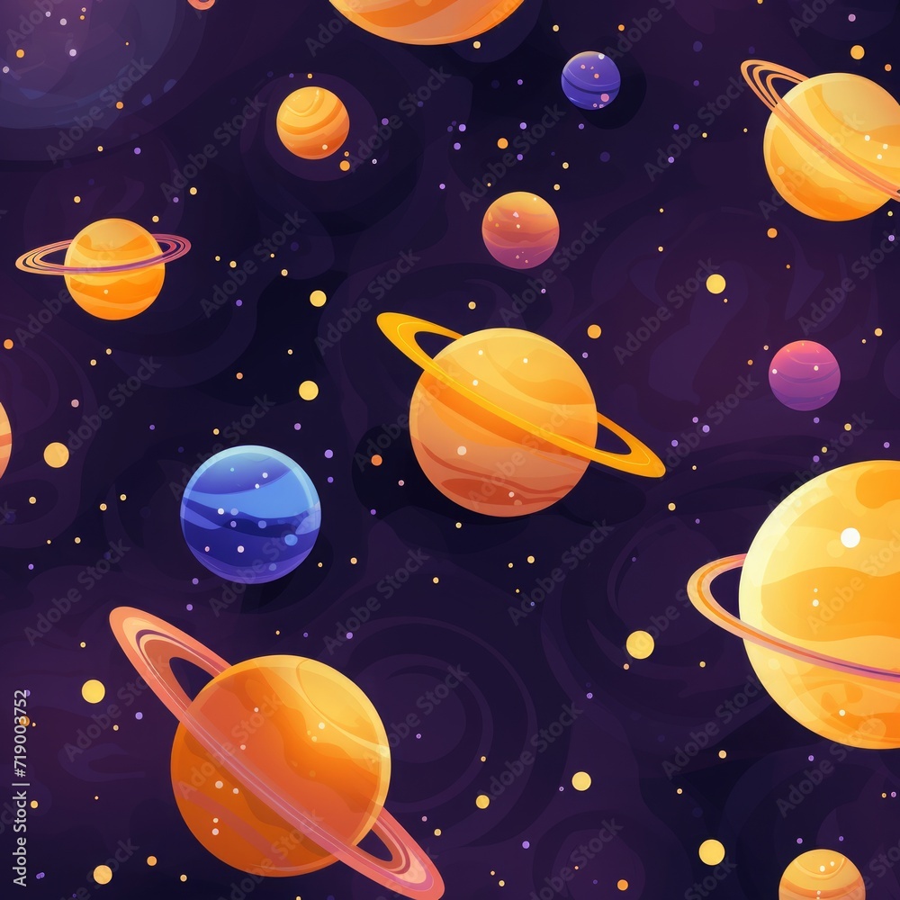 Naklejka premium planets and sun on a purple background. the solar system and moon are in the pattern. hand drawn celestial pattern design.