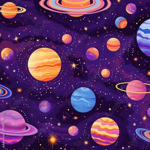 planets and sun on a purple background. the solar system and moon are in the pattern. hand drawn celestial pattern design.