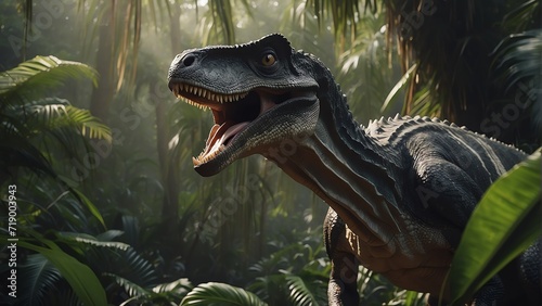 A raptor dinosaur on a tropical jungle forest from Generative AI