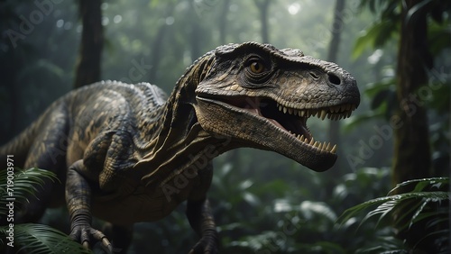 A raptor dinosaur on a tropical jungle forest from Generative AI © sevenSkies