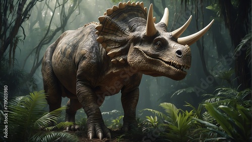 A triceratops dinosaur on a tropical jungle forest from Generative AI © sevenSkies