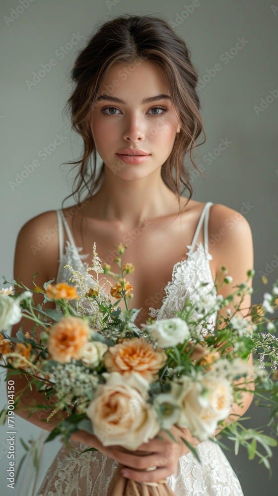 bride with bouquet of flowers in hands