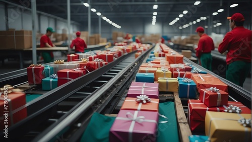 Colorful gift presents on a conveyor belt within a sorting factory delivery warehouse from Generative AI