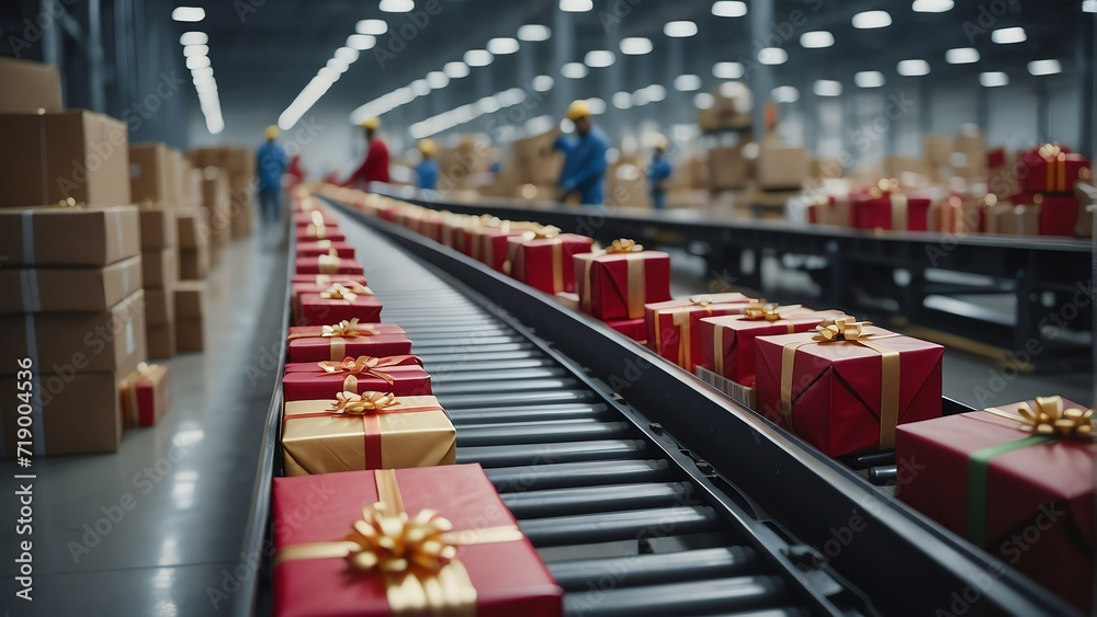 Colorful gift presents on a conveyor belt within a sorting factory delivery warehouse from Generative AI