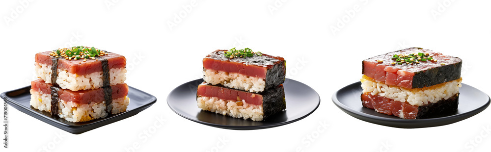 Spam musubi, Hawaiian food Isolated on white Spam musubi, Hawaiian food Isolated on white