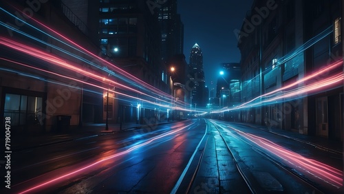 Nighttime cityscape with warp speed blue neon lights motion with blurred lights from buildings from Generative AI