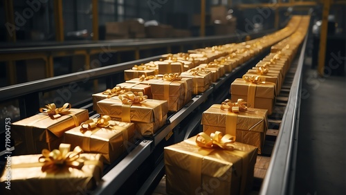 Golden gift presents on a conveyor belt within a sorting factory delivery warehouse from Generative AI