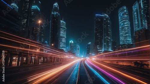 Nighttime cityscape with warp speed neon lights motion with blurred lights from buildings from Generative AI