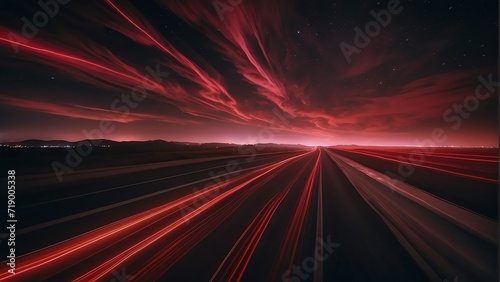 Warp speed red neon lights motion on the clouds in the sky at night from Generative AI