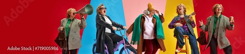 Banner. Style Spectrum. Collage made of portraits of mature woman in various fashion outfits against vivid multicolored background. Concept of active seniors in modern life, seniors using technology.