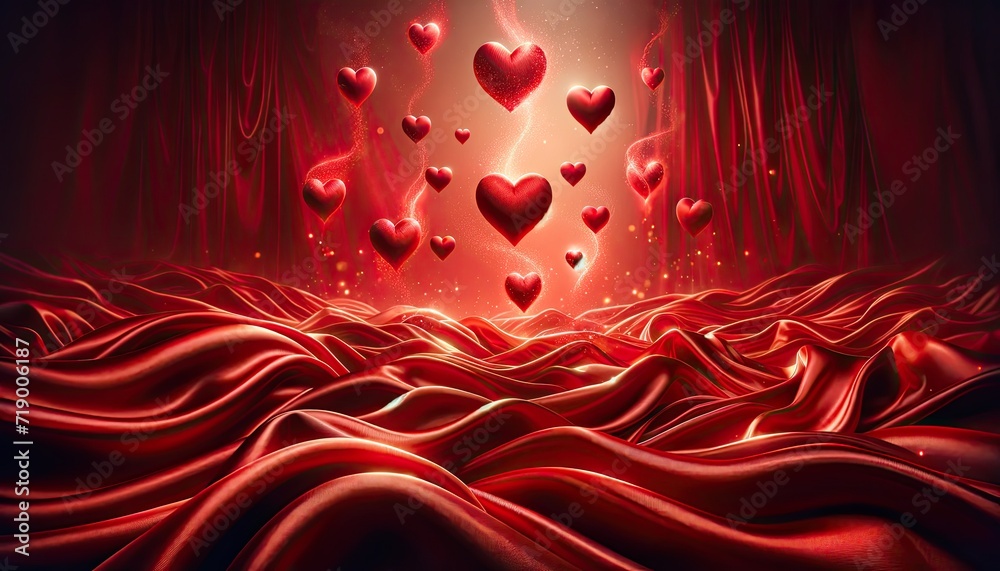 Elegant Red Silk Fabric with Floating Hearts and Sparkling Gold Background, Romantic Atmosphere on Valentine's Day Elegant Red Silk Fabric with Floating Hearts and Sparkling Gold Background, Romantic Atmosphere on Valentine's Day